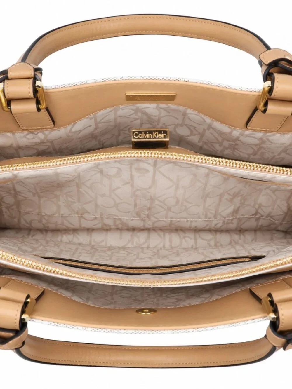 Calvin Klein CK Monogram Beige Tan Shoulder Bag Satchel Purse Gold Hardware